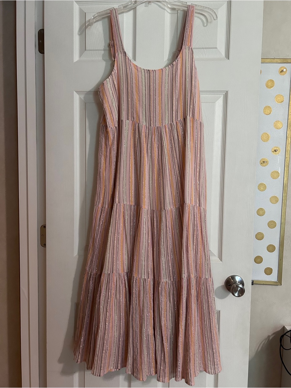 Pink and Orange Striped Sleeveless Tiered Maxi Dress with Metallic Detail
